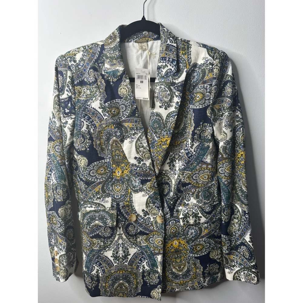 Magaschoni Womens Navy Gold Paisley Linen Cotton Blazer Jacket Size Medium NWT